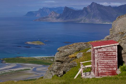 Picturesque panorama on Lofoten islands with fjords and high mountain peaks surrounding them