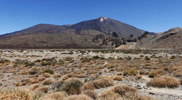 Panoramic image of the conical volcano Mount Teide or El Teide in Tenerife and its surrounding plateau. It has featured as the location of many hollywood films and is the premier tourist attraction in the Canary islands 