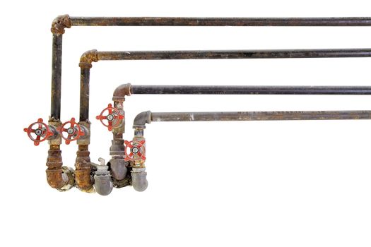 Old Heating Cooling Water Plumbing Pipes with Valves on White Background
