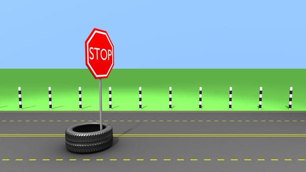 Stop sign and Wheel on the road