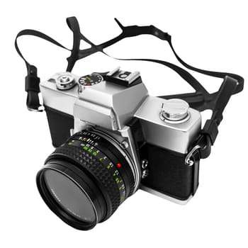 Vintage retro 35mm metal SLR camera with lens on isolated white background with clipping path, masked.