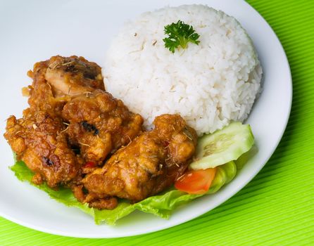 Chicken with rice and vegetables in background
