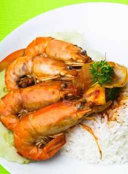 shrimp serve with rice asia food.