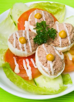 egg. salad plate of letuce egg tuna with olive