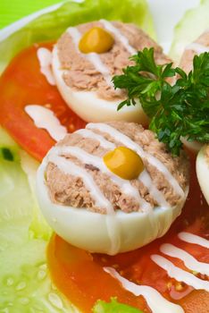 egg. salad plate of letuce egg tuna with olive