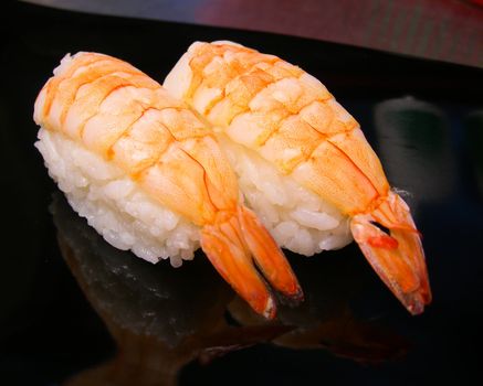 sushi shrimp, raw shrimp sushi on background