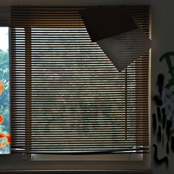 Window blinds and graffiti on the wall of an abandoned house.