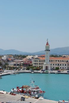 Panoramic view of Zakynthos City port in Greece and Agios Dionysios church.