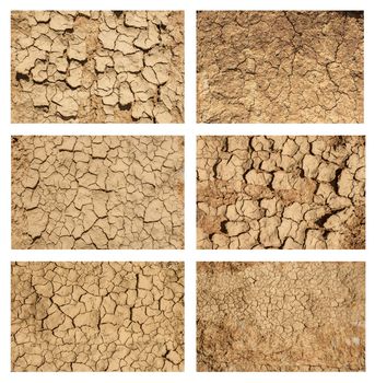 Six examples of cracked and desiccated ground, ground textures set