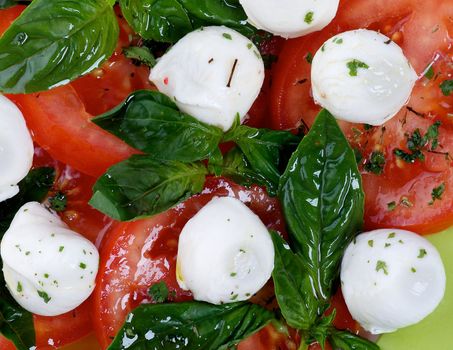 Background of Italian Caprese Salad with Basil, Fresh Mozzarella, Tomatoes close up