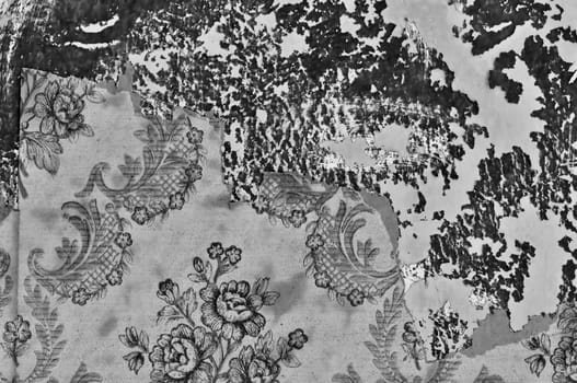 Torn vintage wallpaper on grungy peeling paint wall. Black and white.