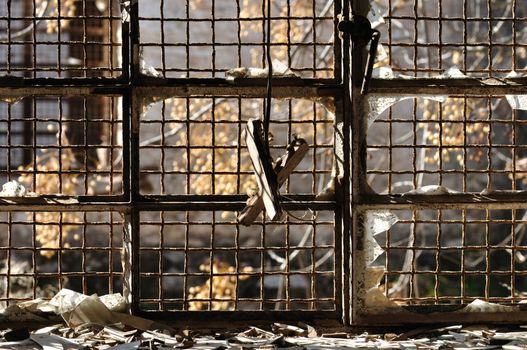 Broken glass window and rusty wire mesh background in abandoned warehouse.