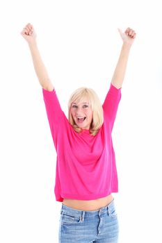 Cheerful woman with arms raised and thumbs up isolated on white Cheerful woman with arms raised and thumbs up isolated on white