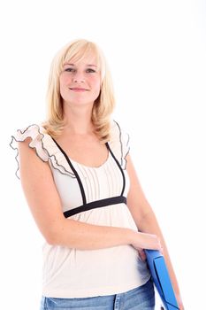 Studio shot of smiling casual woman with blue folder islated on white 