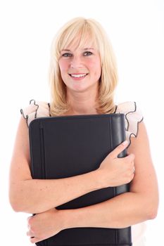 Smiling beautiful blonde woman holding an outsized black leather portfolio folder to her chest isolated on white Smiling beautiful, blonde woman holding a outsized black leather portfolio dolder to her chest isolated on white 