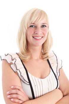 Studio shot of attractive blonde woman with arms folded isolated on white Studio shot of attractive blonde woman with arms folded isolated on white