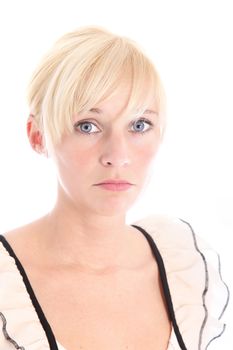 Sad woman with large doleful eyes and downturned mouth looking at the camera isolated on white Sad woman with large doleful eyes and downturned mouth looking at the camera isolated on white