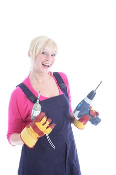 Joyful female worker holding two drills isolated on white Joyful female worker with two drills isolated on white