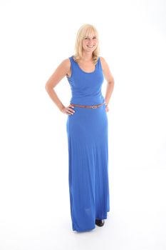 Studio shot of attractive smiling woman in blue dress on white background 