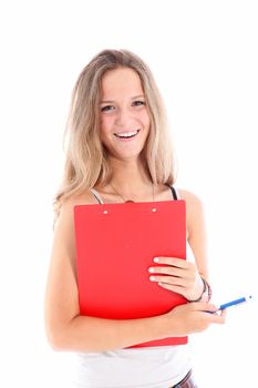 Smiling young female student holding a bright red clipboard isolated on white 