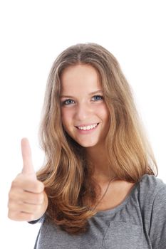 Smiling attractive young woman student giving a thumbs up of approval and hope for success isolated on white 