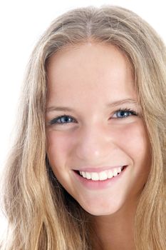 Smiling young teenage girl with a lovely friendly smile isolated on white 