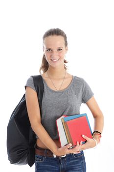 Studio shot of young female student with bunch of books isolated on white Studio shot of young female student with bunch of books isolated on white