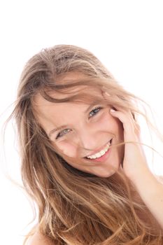 Portrait of beautiful smiling woman isolated on white 