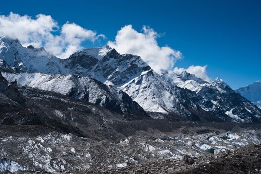 glacier and peaks not far Gorak shep and Everest base camp. Himalayas, shot on 5000 m altitude