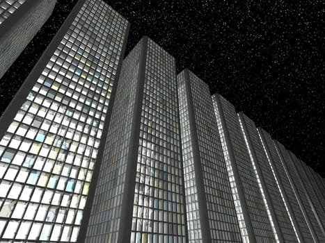 Megalopolis at night: Abstract skyscrapers in a row