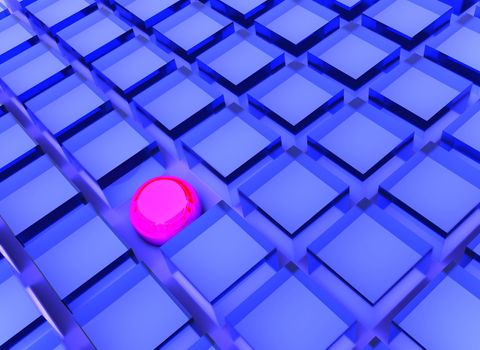 Concept of difference or uniqueness illustrated by Single pink sphere isolated between a lot of similar boxes made of blue glass.