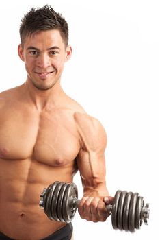 Muscular young man lifting a dumbbell over white background