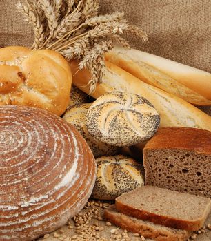 Various fresh baked goods with wheat grain and bundle