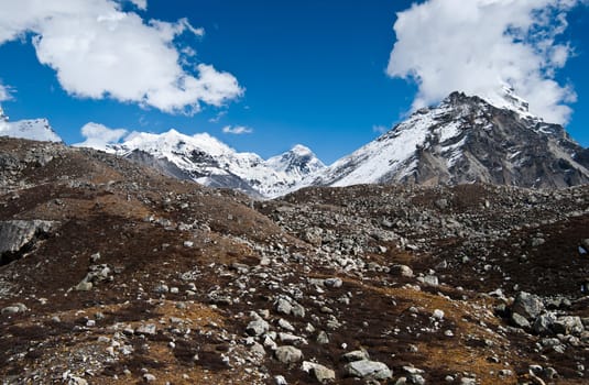 Peaks and moraine near Gokyo in Himalayas. (Shot at a height 4800 m)