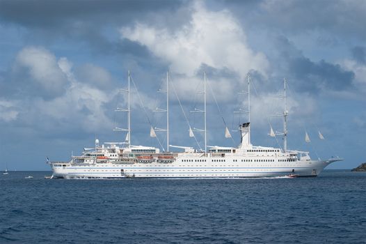 Large 5 masted sailing cruise ship at anchor
