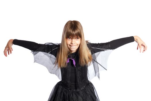 young girl shows the bat on a white background