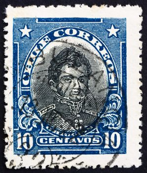 CHILE - CIRCA 1912: a stamp printed in the Chile shows Bernardo O�Higgins Riquelme, Chilean Independence Leader and 2nd Supreme Director of Chile, circa 1912