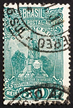 BRAZIL - CIRCA 1929: a stamp printed in the Brazil shows Monument to Bartolomeo de Gusmao, Priest and Naturalist, Santos, circa 1929