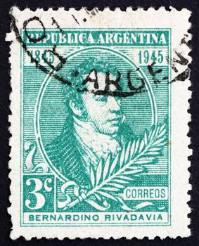 ARGENTINA - CIRCA 1945: a stamp printed in the Argentina shows Bernardino Rivadavia, The First President of Argentina, 1826 - 1827, circa 1945