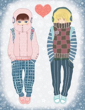 Raster illustration. In autumn evening two young teenagers saw each other for the first time and fell in love.