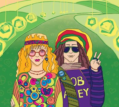 Two Young Hippies. Raster illustration.