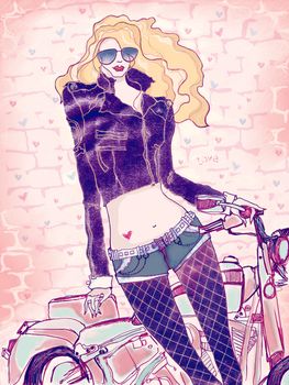 The girl and a motorcycle. This image is a raster illustration.
