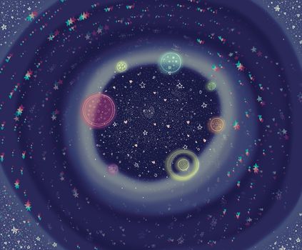 Space image. Driving of planets on a circle. Raster illustrations.