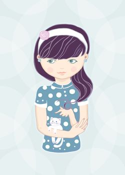 girl and small white cat. raster illustration.