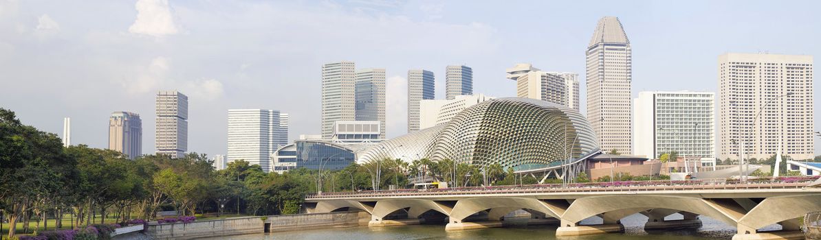 Singapore City Skyline Along River by Marina Esplanade Bridge Panorama