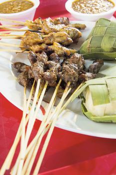 Chicken Beef and Mutton Satay with Ketupat and Peanut Gravy Sauce