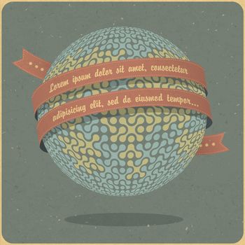 Retro globe symbol with ribbon and sample text. Vector, EPS10