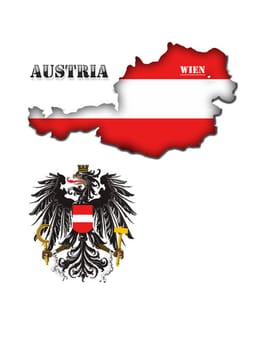 Coloured silhouette of the map and the arms of Austria