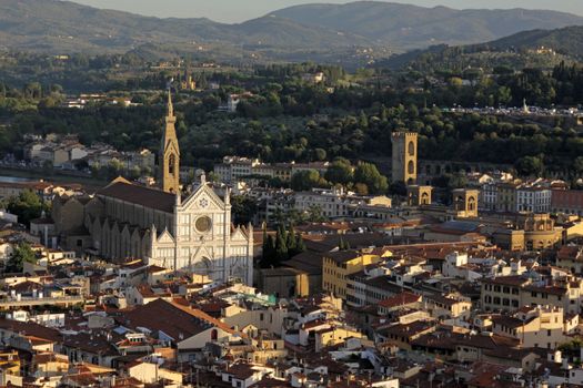 The Basilica of Santa Croce in Florence, Italy.  Shot from the top of the Duomo.  Basilica of Santa Croce is the burial place of many famous Italians, including Michangelo and Galileo.