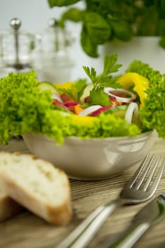 fresh tasty healthy mixed salad and bread on wooden table